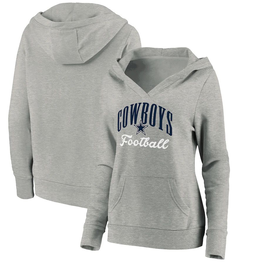 Women Dallas Cowboys Fanatics Branded Heathered Gray Victory Script V-Neck Pullover Hoodie